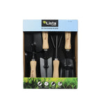 Caja de presentación del kit de 4 herramientas de jardinería LISTA Advance incluyendo palas, escarificador y tridente.