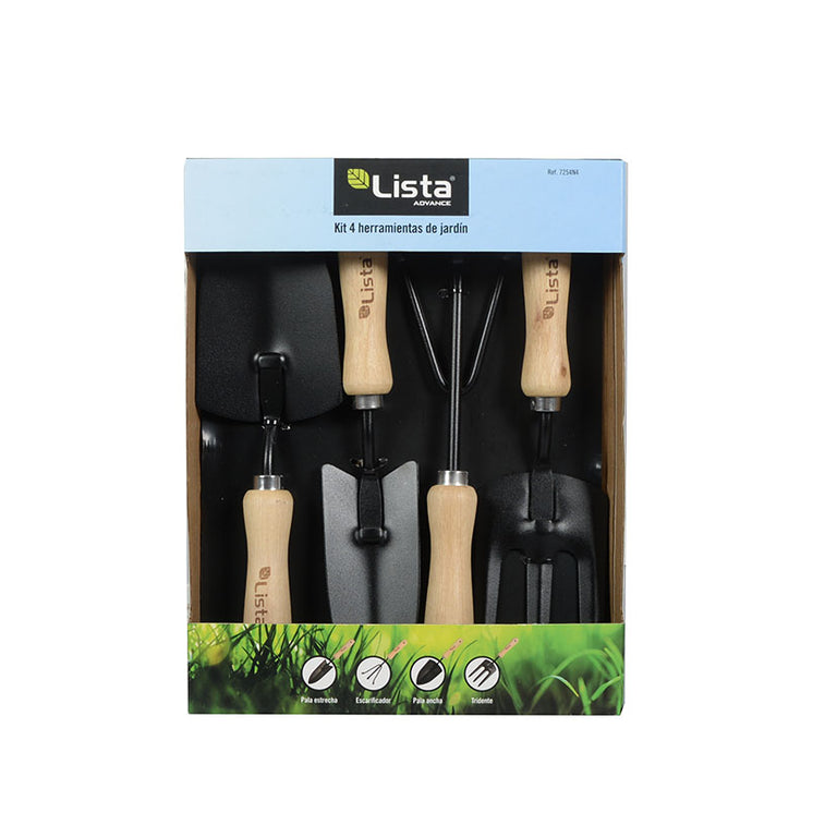 Caja de presentación del kit de 4 herramientas de jardinería LISTA Advance incluyendo palas, escarificador y tridente.