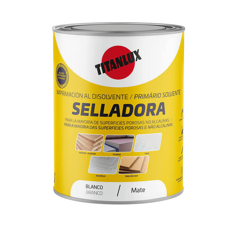 Bote de Imprimación Selladora TITAN blanca mate de 750ml para sellar madera, yeso y superficies porosas.