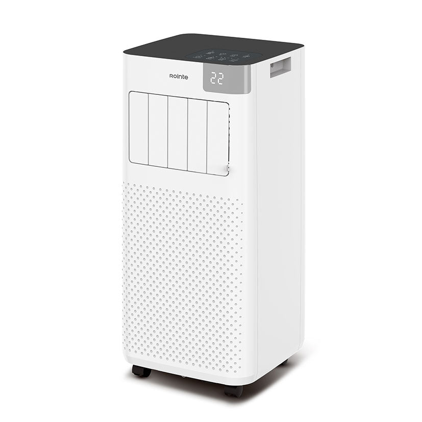 Aire acondicionado portátil Rointe Fiore 2250 blanco con pantalla LED frontal y ruedas de transporte.
