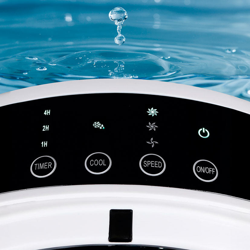 Panel de control táctil superior del climatizador Rointe con indicadores de temporizador y velocidad