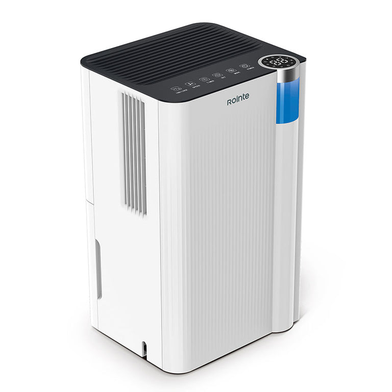 Deshumidificador portátil Rointe DryPure 12L blanco con panel de control superior y luz indicadora azul.