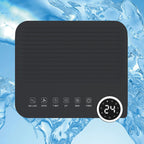 Vista superior del panel de control táctil digital del deshumidificador Rointe con iconos de funciones y pantalla.
