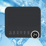 Vista superior del panel de control táctil digital del deshumidificador Rointe con iconos de funciones y pantalla.