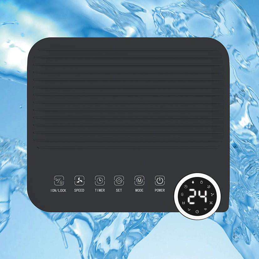 Vista superior del panel de control táctil digital del deshumidificador Rointe con iconos de funciones y pantalla.