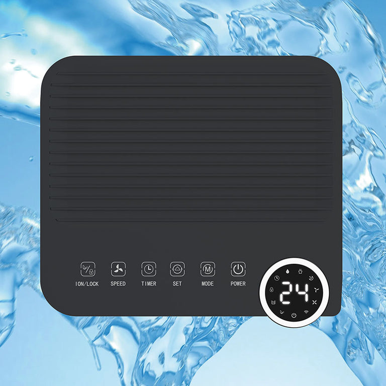 Vista superior del panel de control táctil digital del deshumidificador Rointe con iconos de funciones y pantalla.
