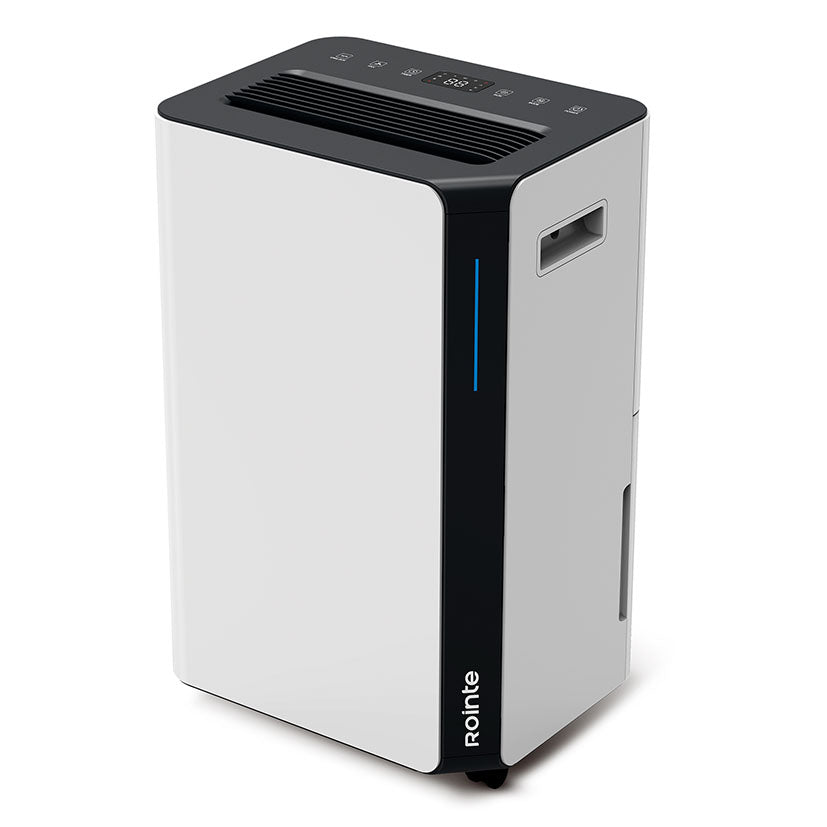 Deshumidificador portátil Rointe Drypure 16L blanco y negro con panel de control superior y ruedas