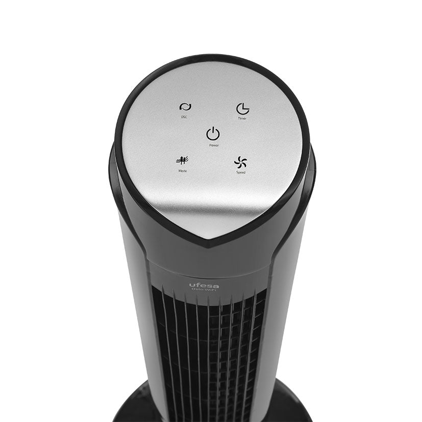 Detalle del panel de control táctil superior del ventilador UFESA Oslo con iconos de funciones