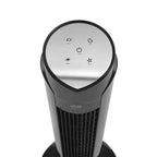 Detalle del panel de control táctil superior del ventilador UFESA Oslo con iconos de funciones