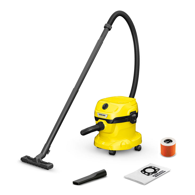 Aspirador multiuso Karcher WD 2 Plus amarillo con manguera, boquillas, bolsa de fieltro y filtro de cartucho