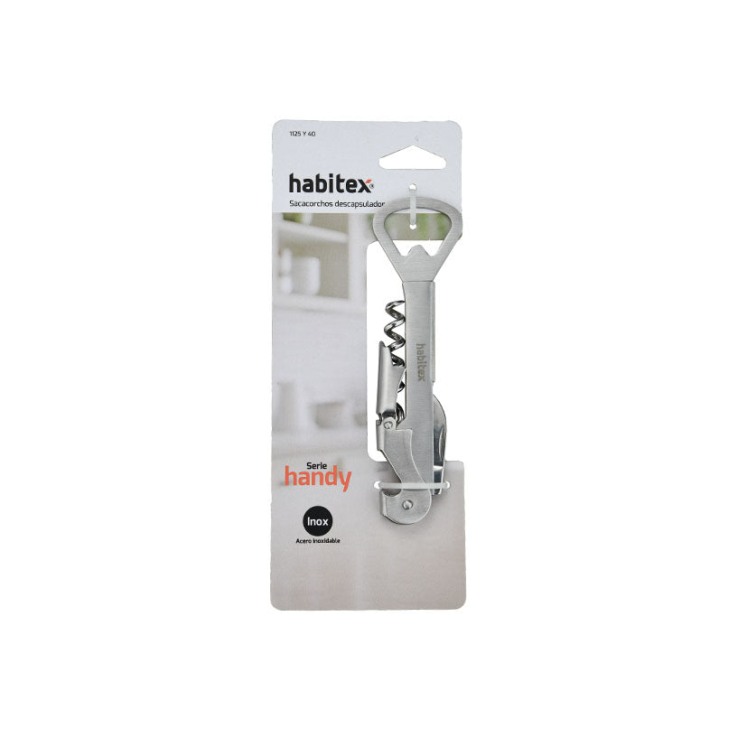 Blíster de venta del sacacorchos Habitex Serie Handy Inox con especificaciones del producto