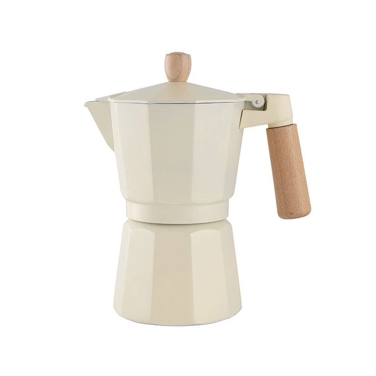 Cafetera italiana de aluminio color crema HABITEX con mango de madera para inducción