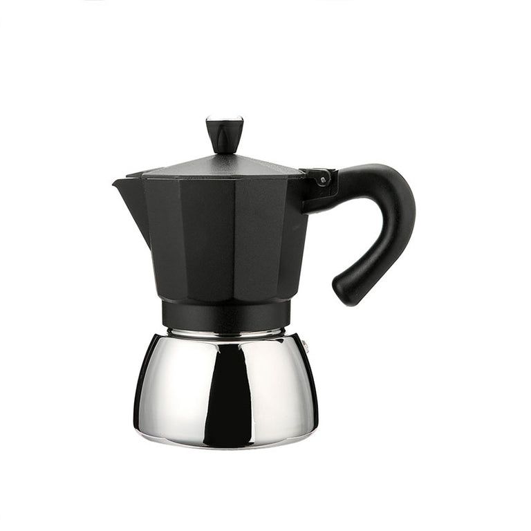 Cafetera italiana HABITEX Dark Induction de aluminio negro y base de acero inoxidable vista lateral