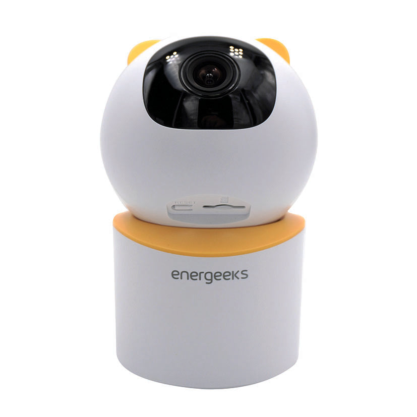 Vista frontal de cámara WiFi Energeeks mostrando ranura para tarjeta Micro SD y botón de reset