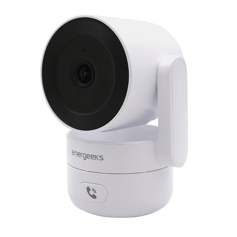 Cámara de seguridad Energeeks Sentinel Pro blanca con lente negra y botón de llamada frontal