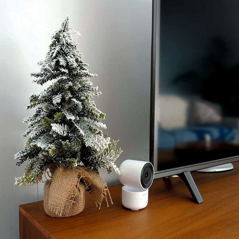 Cámara Energeeks Sentinel Pro instalada de forma discreta en un mueble de salón junto a un televisor