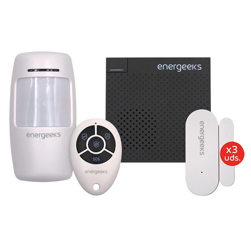 Kit completo alarma Energeeks con central, sensor de movimiento, mando a distancia y tres sensores de apertura