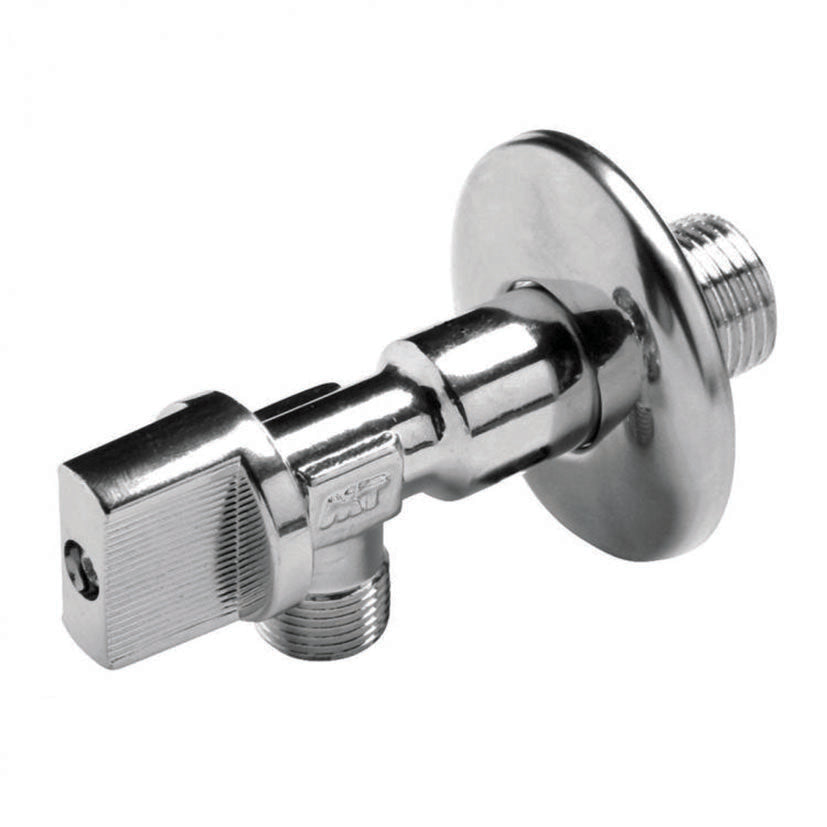 Llave de escuadra MT cromada de 1/2 x 3/8 pulgadas con cierre esférico y florón para fontanería.