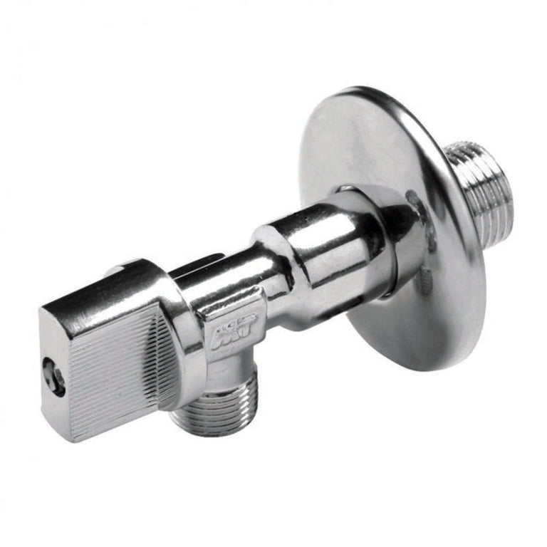 Llave de escuadra MT cromada de 1/2 x 3/8 pulgadas con cierre esférico y florón para fontanería.