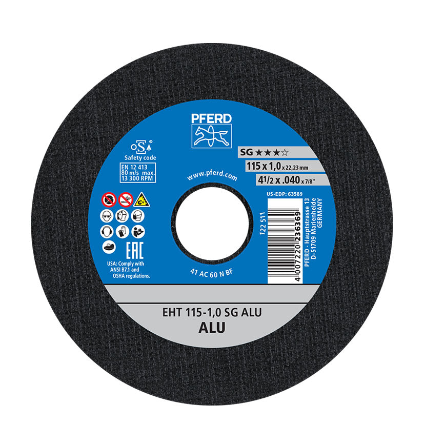 Disco de corte PFERD EHT 115x1,0 SG ALU para aluminio con especificaciones técnicas y sellos de seguridad oSa.