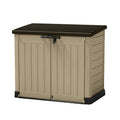 Cobertizo Keter SIO MAX 1200L de resina beige con textura efecto madera y tapa abatible con pistones