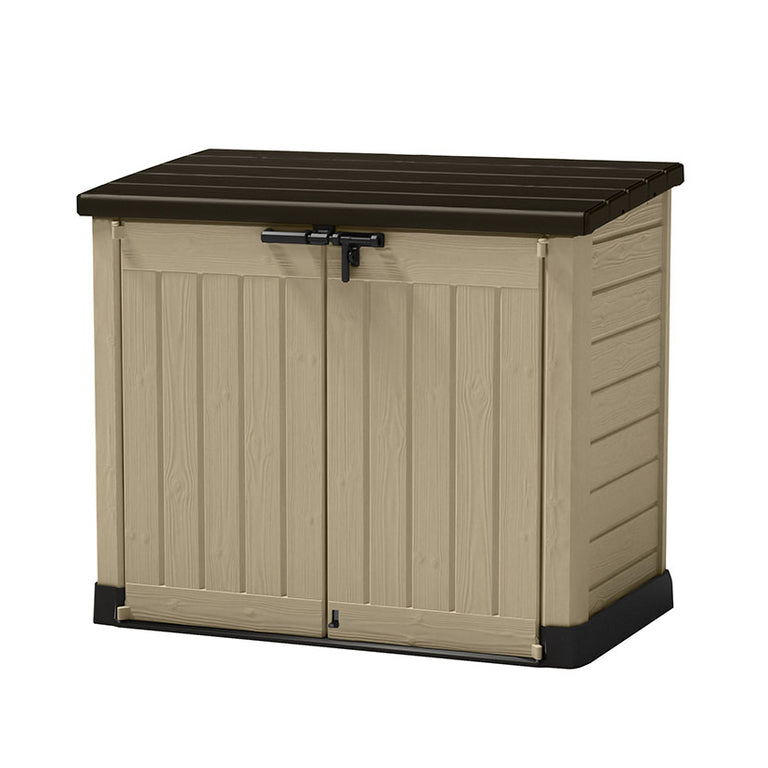 Cobertizo Keter SIO MAX 1200L de resina beige con textura efecto madera y tapa abatible con pistones