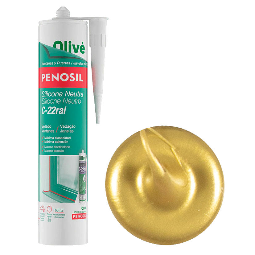 Cartucho de silicona acética Penosil 600a color oro con muestra de producto aplicada