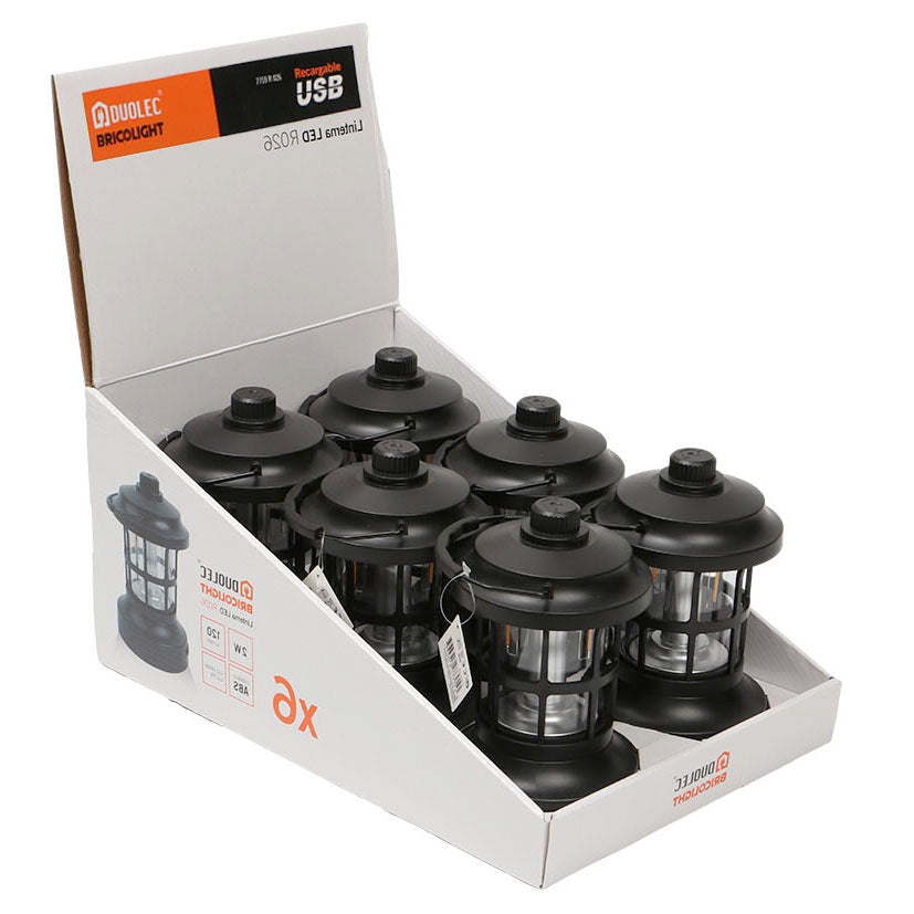 Expositor comercial con 6 unidades de linternas LED recargables DUOLEC Bricolight
