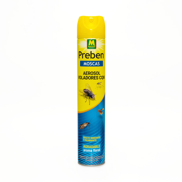 Envase amarillo y azul de Preben Voladores con detalle de insectos voladores diana.