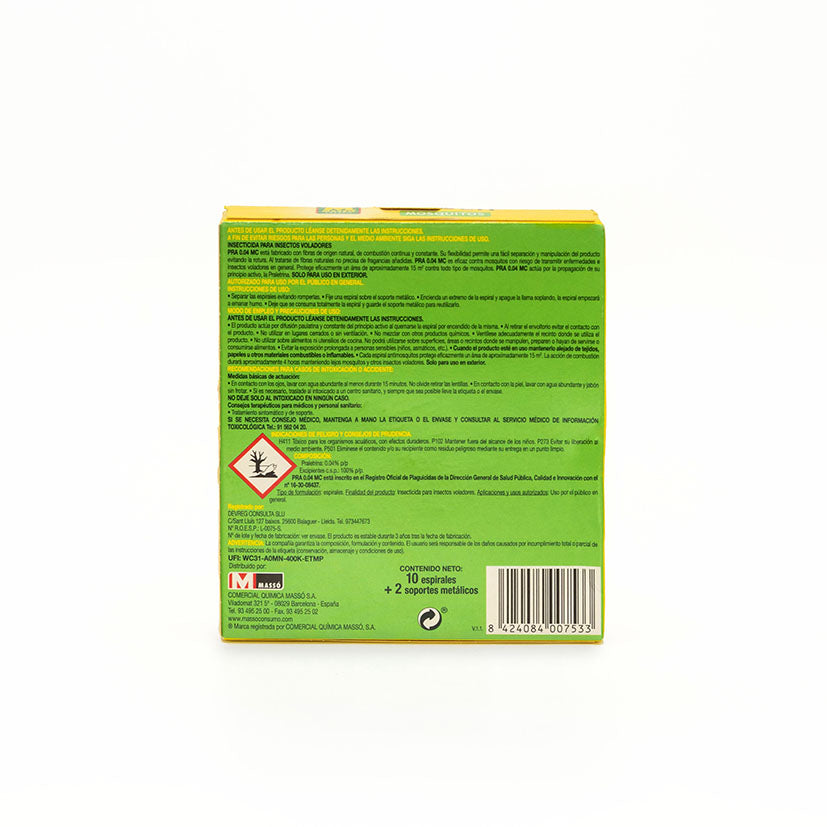 Reverso de caja de espirales antimosquitos Massó con instrucciones y precauciones de uso