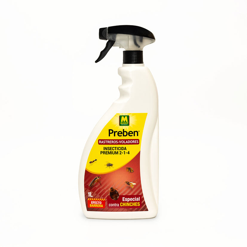 Bote de 1 litro de insecticida Premium Massó Preben con efecto barrera contra insectos voladores y rastreros.