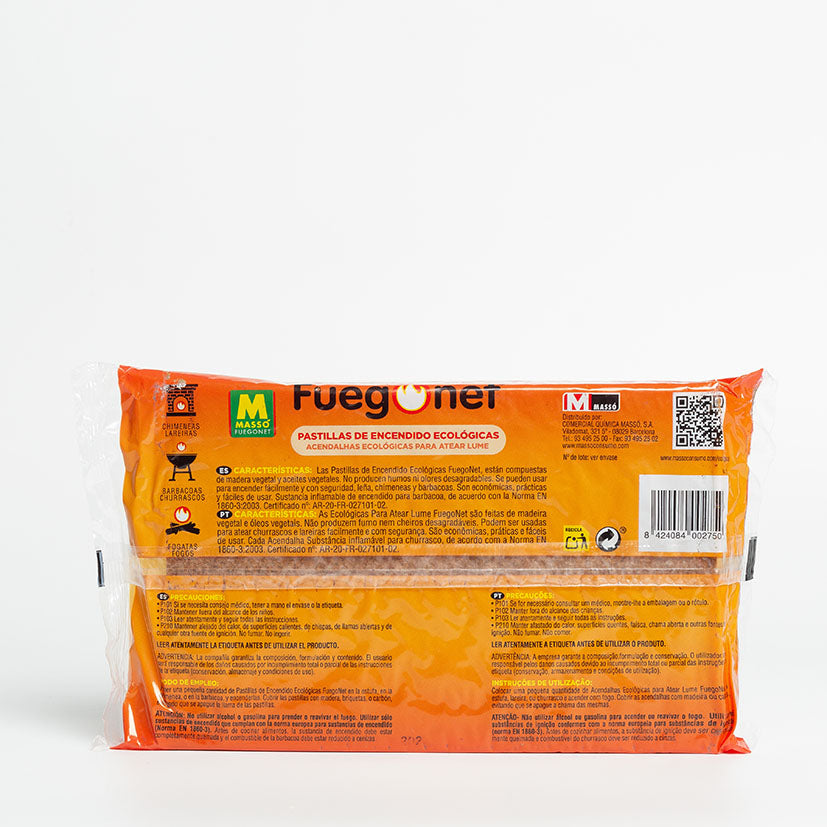 Instrucciones de uso y precauciones en el reverso del paquete de pastillas de encendido Massó Fuegonet.