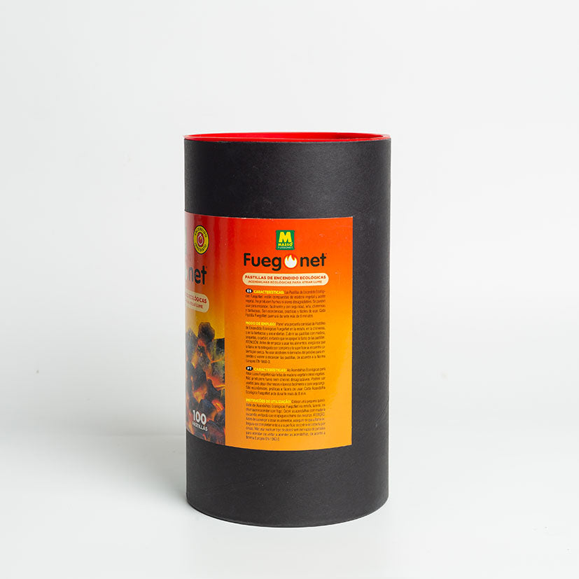 Lateral del envase de pastillas Fuegonet con instrucciones de uso para estufas, chimeneas y barbacoas.