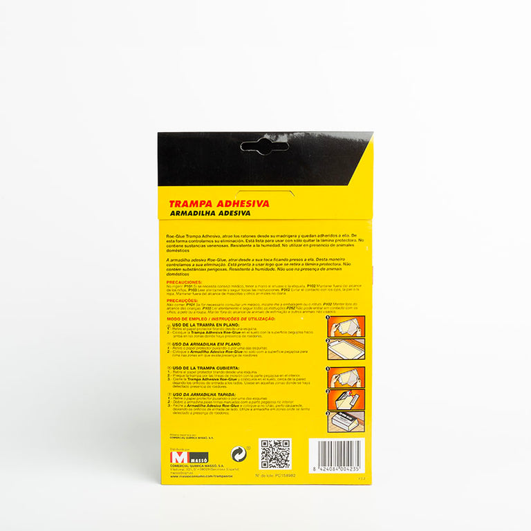 Instrucciones de uso detalladas en el reverso del paquete de trampas adhesivas MASSÓ Roe-Glue.