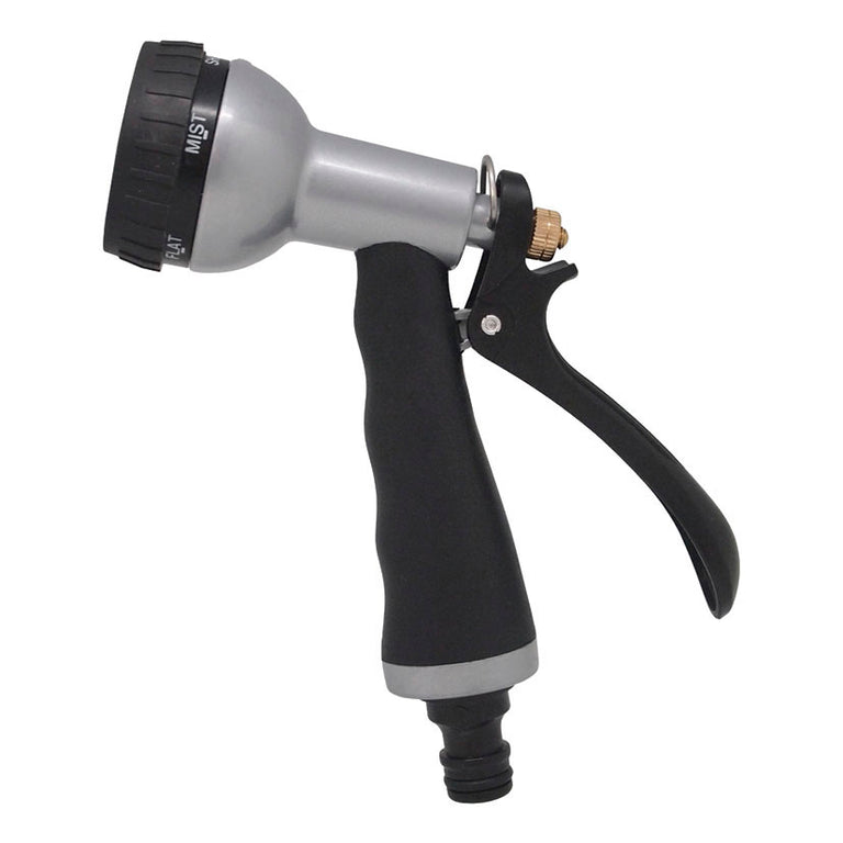 Pistola de riego metálica Aqua Control con cuerpo plateado y mango ergonómico negro de caucho.