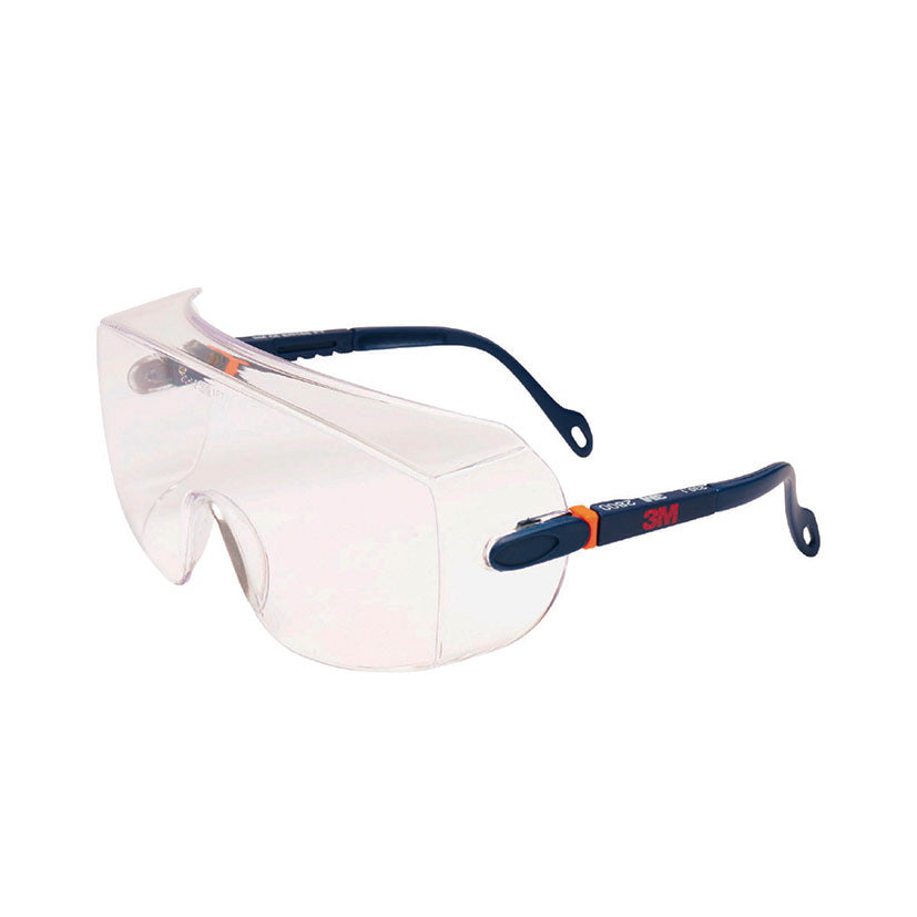 Gafas de seguridad 3M Serie 2800 cubregafas con patillas azules ajustables y lentes transparentes de policarbonato.