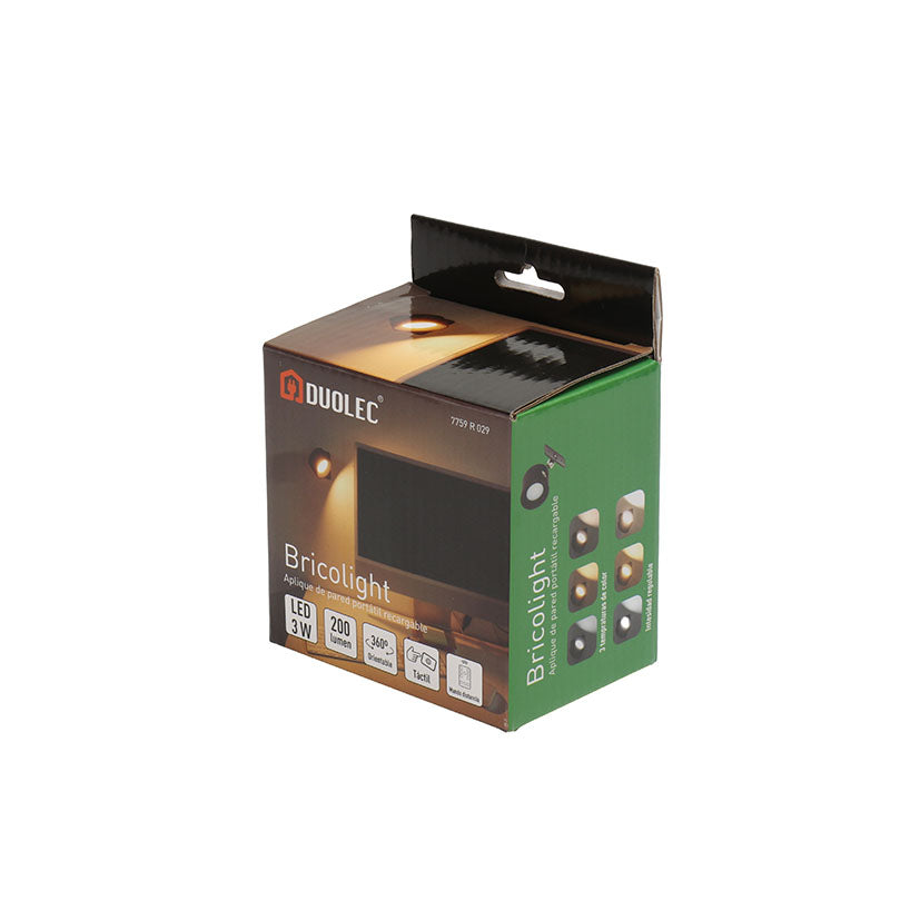 Embalaje del aplique DUOLEC Bricolight mostrando iconos de 3W, 200 lúmenes, rotación 360 grados y mando a distancia
