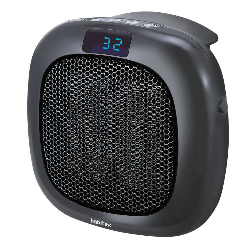 Calefactor cerámico Habitex negro con display LED azul marcando 32 grados