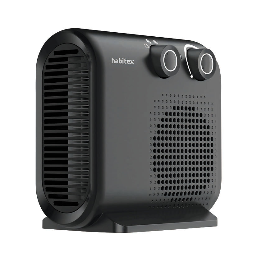 Termoventilador HABITEX HQ-702 negro con mandos giratorios y rejilla frontal, diseño compacto para uso vertical u horizontal.