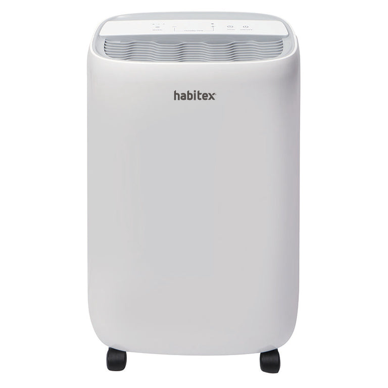 Vista frontal del deshumidificador HABITEX H16001 con logo y rejilla de ventilación ondulada