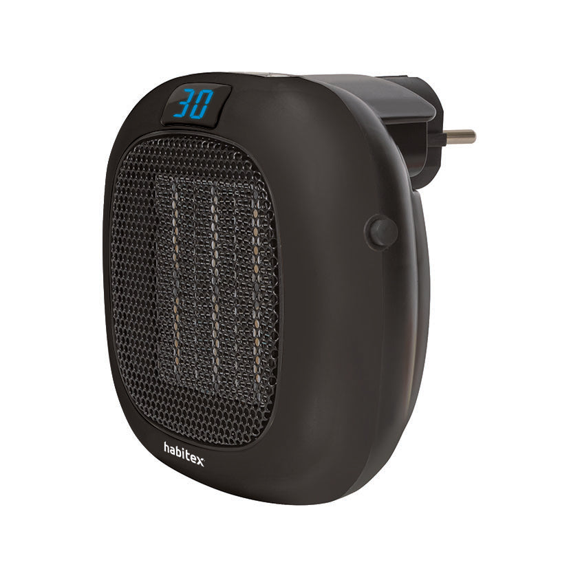 Calefactor de enchufe directo Habitex negro vista lateral con interruptor
