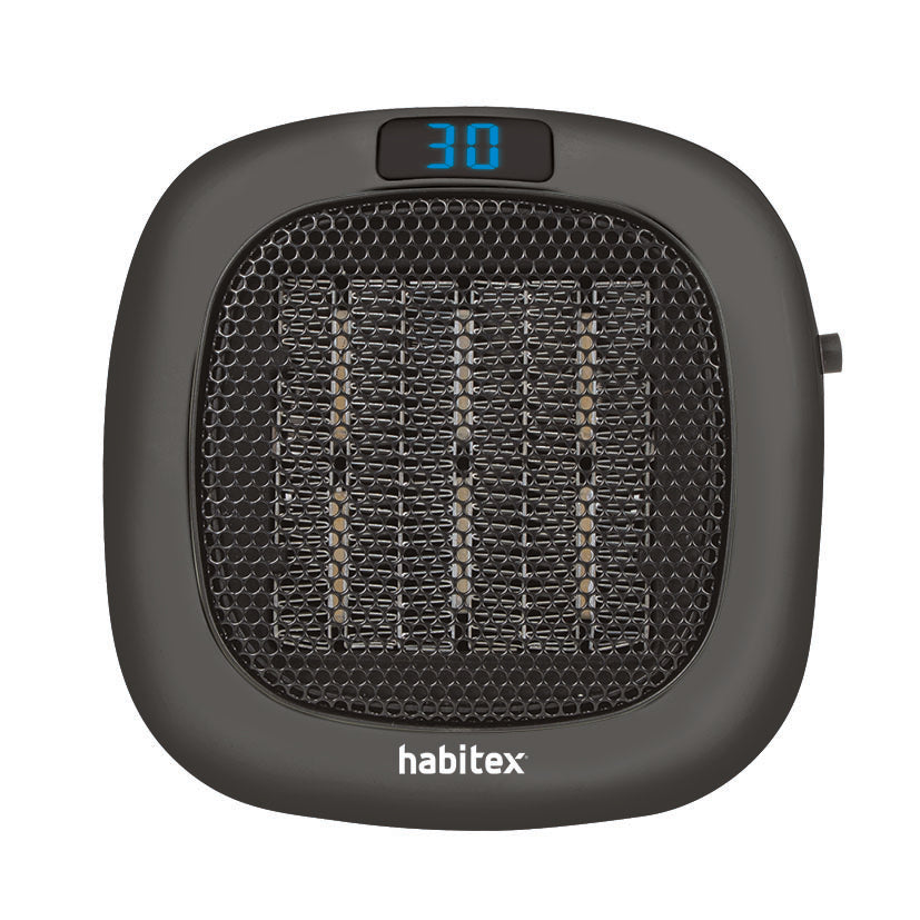 Calefactor cerámico compacto Habitex 700W negro vista frontal con rejilla hexagonal