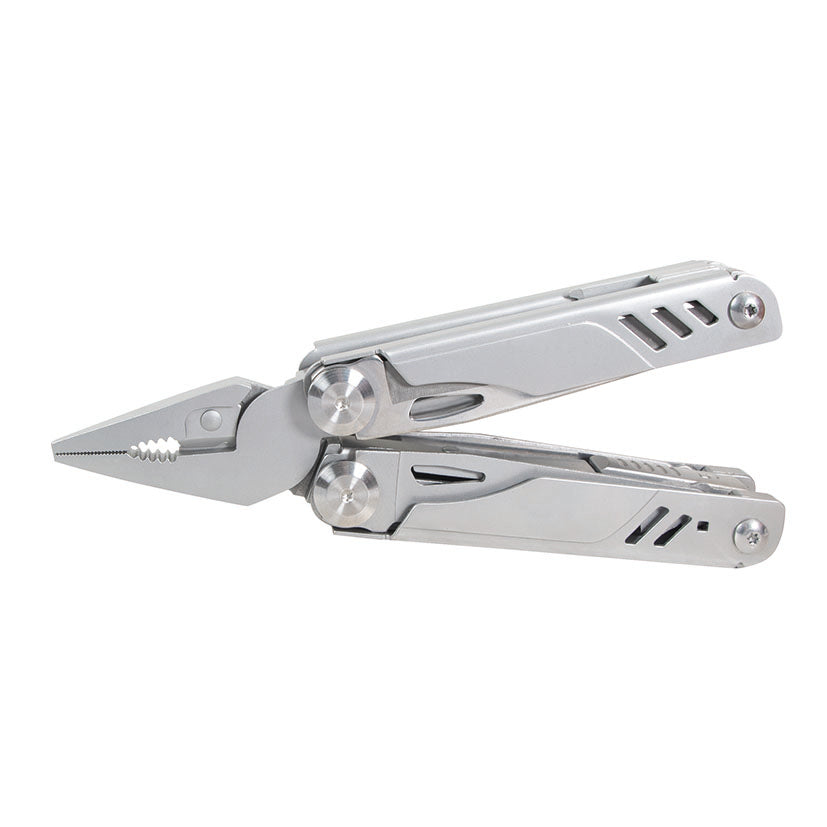 Alicate multiherramienta RATIO InoxMultiTool 18 en 1 abierto mostrando mordazas de acero inoxidable de alta resistencia.