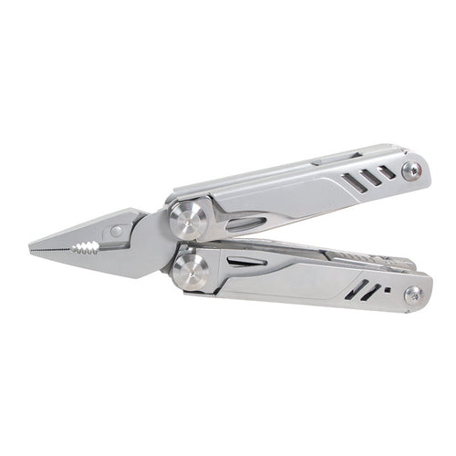 Alicate multiherramienta RATIO InoxMultiTool 18 en 1 abierto mostrando mordazas de acero inoxidable de alta resistencia.