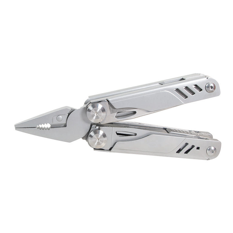 Alicate multiherramienta RATIO InoxMultiTool 18 en 1 abierto mostrando mordazas de acero inoxidable de alta resistencia.