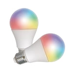 Dos bombillas LED inteligentes Energeeks E27 con iluminación multicolor RGB y diseño estándar A60.