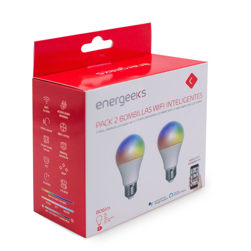 Caja del pack de 2 bombillas LED WiFi Energeeks mostrando especificaciones técnicas y compatibilidad con asistentes de voz.