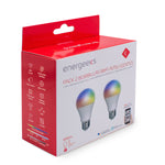 Caja del pack de 2 bombillas LED WiFi Energeeks mostrando especificaciones técnicas y compatibilidad con asistentes de voz.