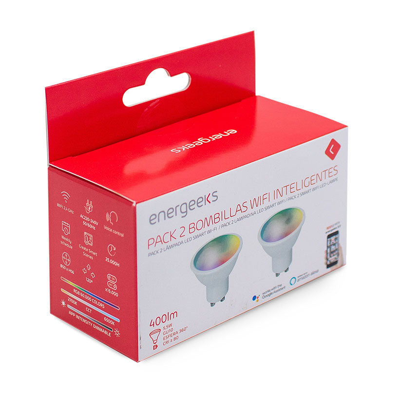 Caja del pack de 2 bombillas WiFi Energeeks GU10 con iconos de funciones inteligentes y control por voz