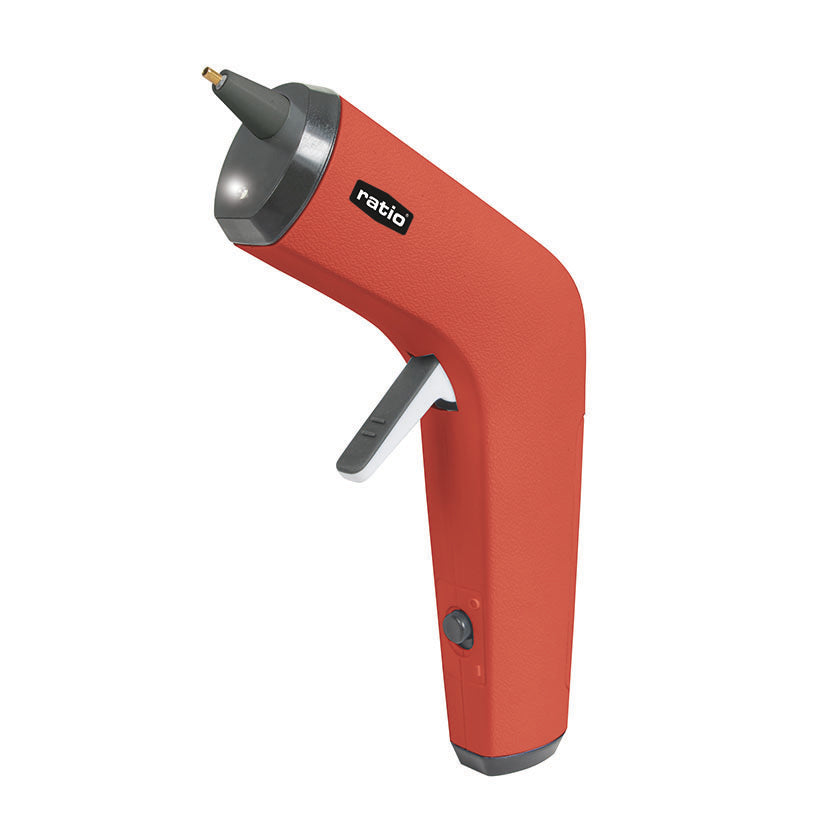 Pistola termoencoladora a batería RATIO R-PB15 color naranja con boquilla de precisión y luz LED frontal